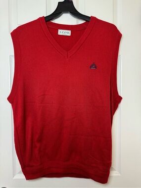 Izod Men's Red V-Neck Sweater Vest with Embroidered Crest